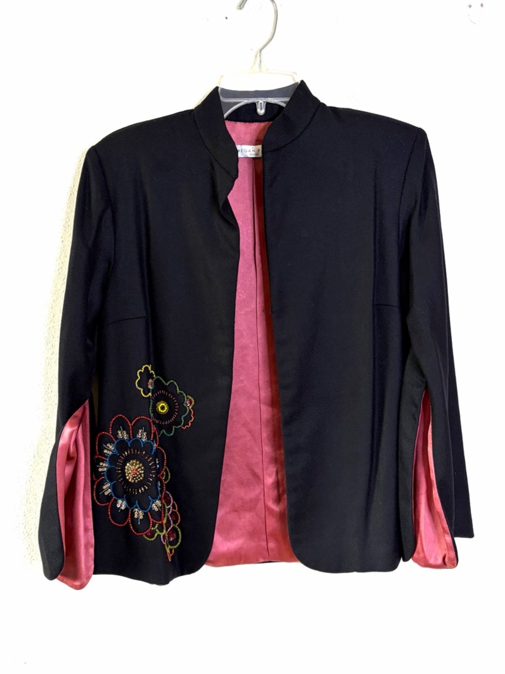 Megan Park vintage silk lined beaded cocktail jacket blazer Sz 1 S M black pink